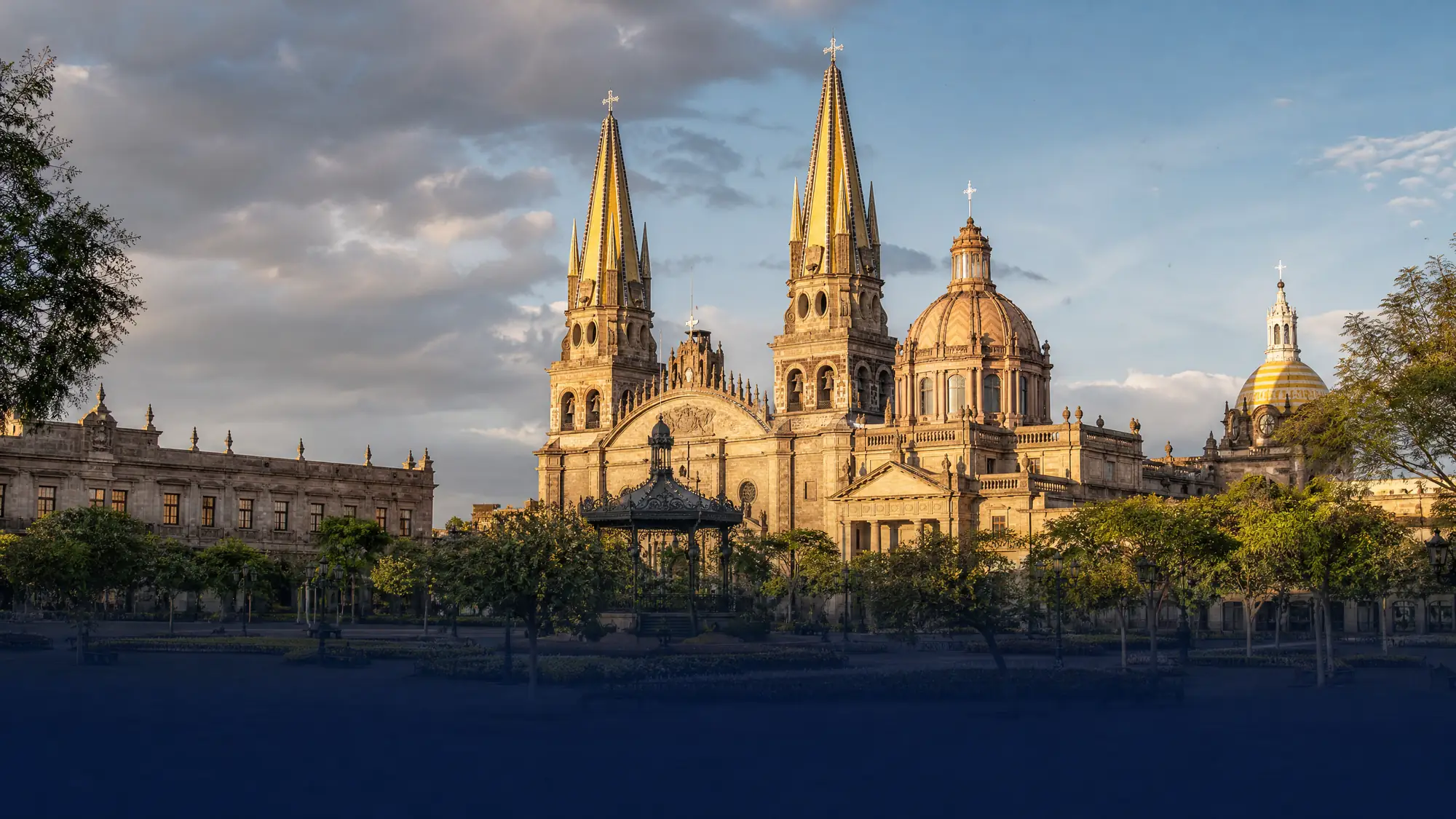 The Guadalajara Cathedral features twin 65-meter neo-Gothic spires and stands over four cross-shaped plazas in the city's historic center.